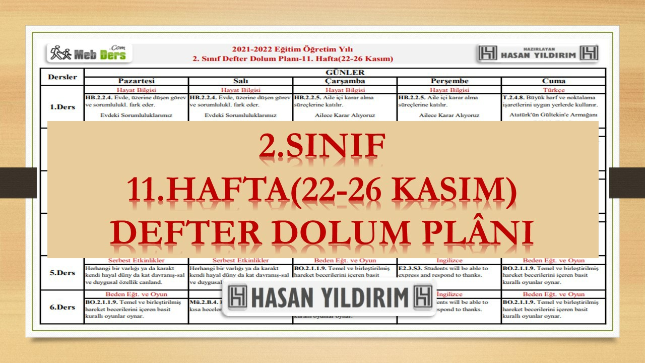 2.Sınıf 11.Hafta(22-26 Kasım) Defter Dolum Planı
