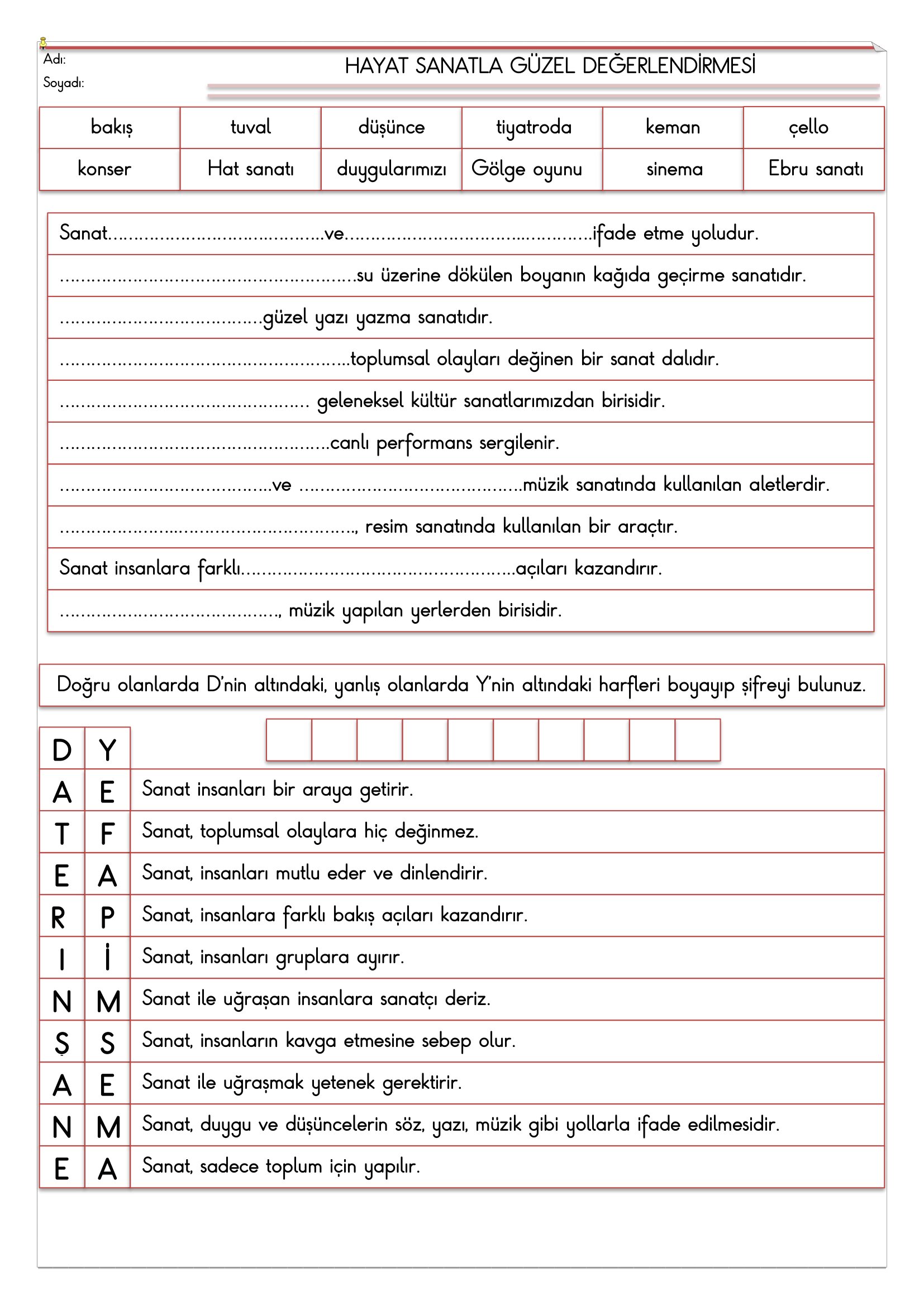 2.Sınıf - Hayat Bilgisi Hayat Sanatla Güzel Değerlendirmesi