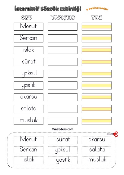 İnteraktif Sözcük Etkinliği - S Sesine Kadar