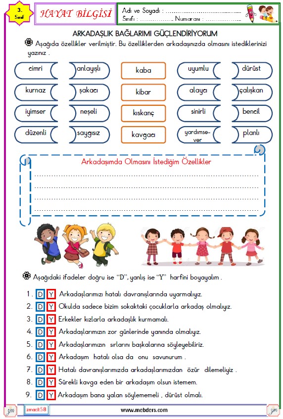 3. Sınıf Hayat Bilgisi Arkadaşlık Bağlarımı Güçlendiriyorum Etkinliği