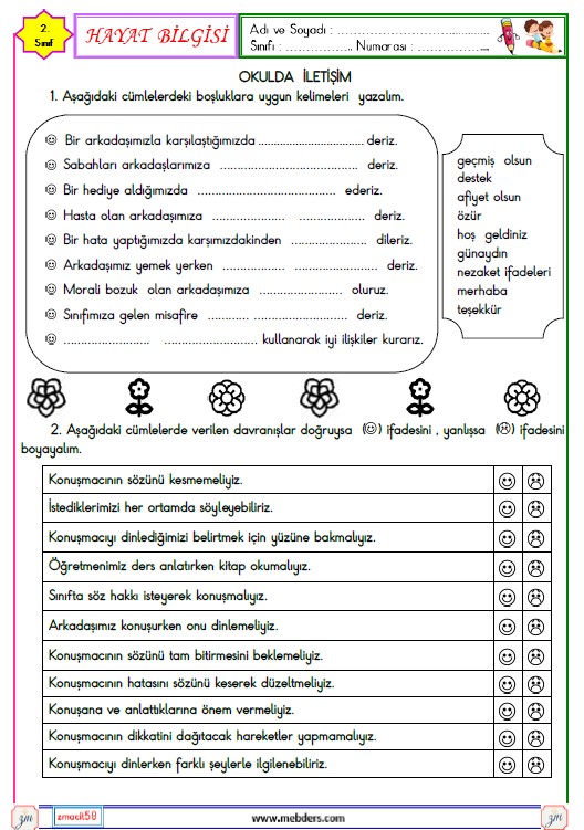 2. Sınıf Hayat Bilgisi Okulda İletişim Etkinliği