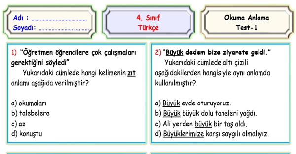 4.Sınıf Türkçe Okuma Anlama Sene Sonu Değerlendirme Testi 1