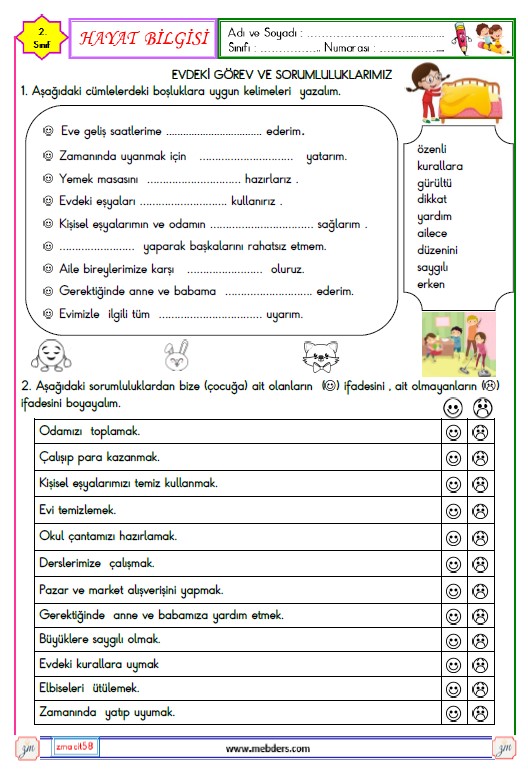 2. Sınıf Hayat Bilgisi Evdeki Görev ve Sorumluluklarımız Etkinliği