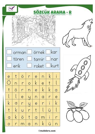 1.Sınıf İlkokuma Boyamalı Sözcük Arama Etkinliği - R Sesi