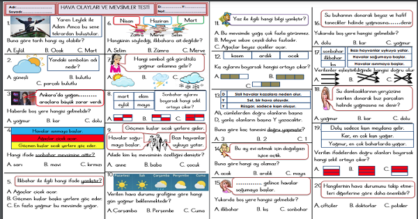 2.Sınıf Hayat Bilgisi Hava Olayları ve Mevsimler Testi