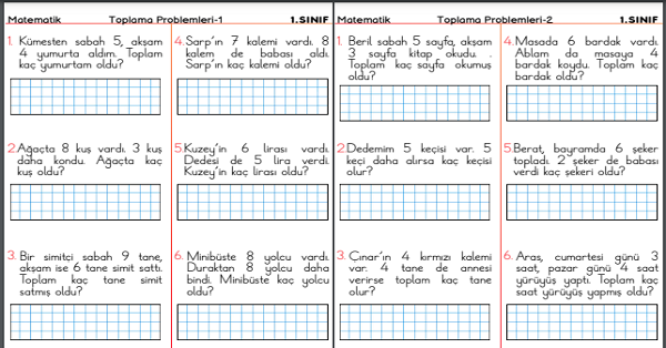 1. Sınıf Matematik Toplama İşlemi Problemleri (4 Sayfa)