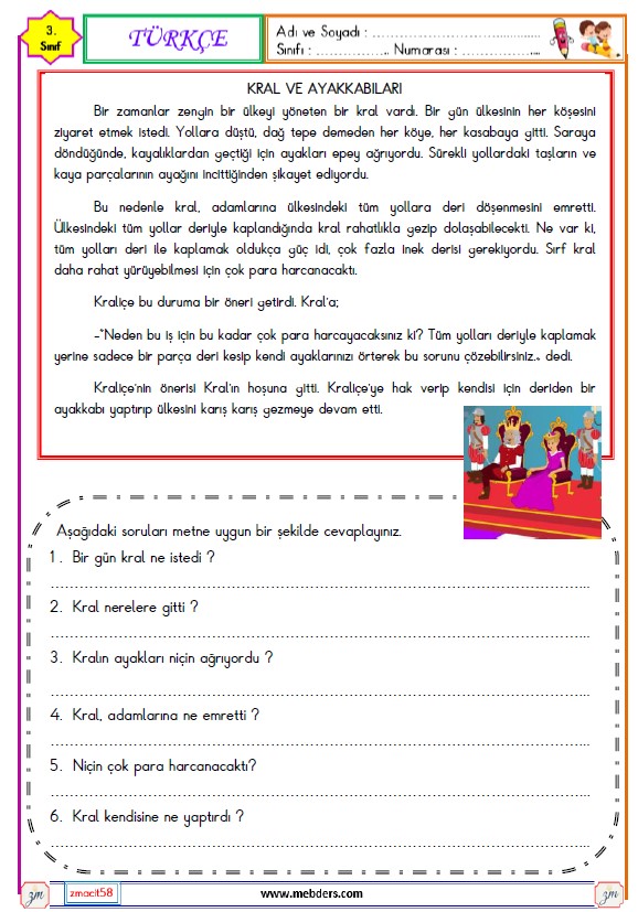 3. Sınıf Türkçe Okuma ve Anlama Etkinliği (Kral ve Ayakkabıları)