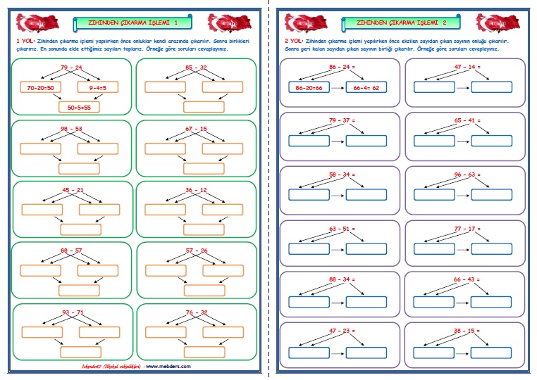 3.Sınıf Matematik Zihinden Çıkarma İşlemi  (2 sayfa)