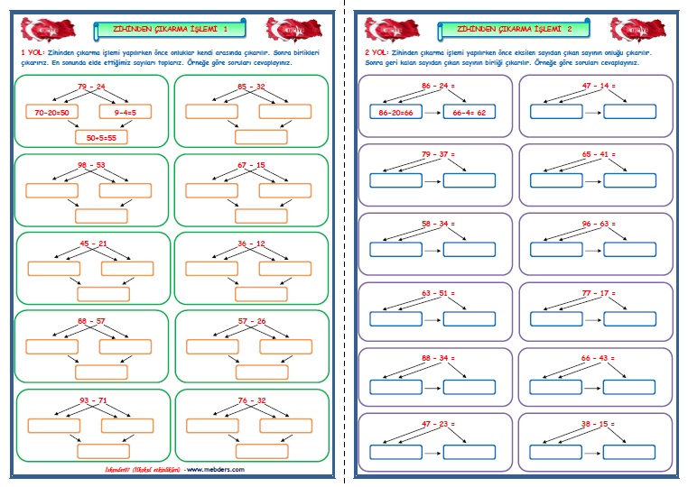 3.Sınıf Matematik Zihinden Çıkarma İşlemi  (2 sayfa)