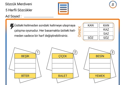 Sözcük Merdiveni Zeka Etkinliği 5 (5 Harfli Sözcükler)