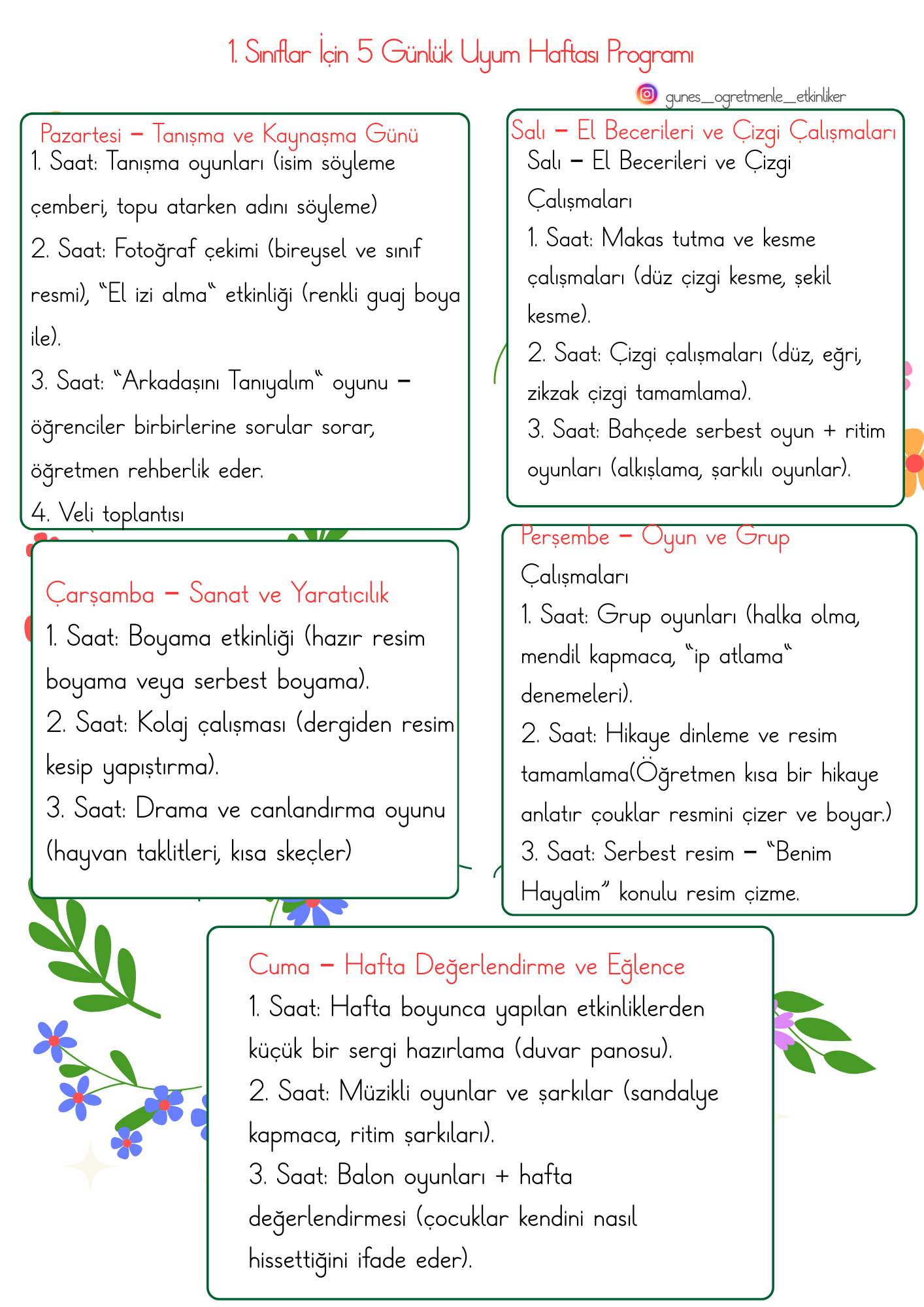 1.Sınıf Uyum Haftası Programı