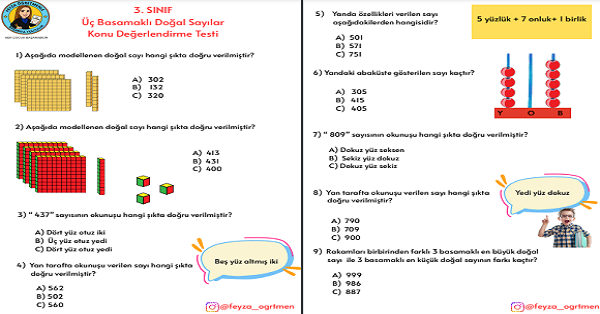 3. Sınıf Matematik Üç Basamaklı Doğal Sayılar Konu Değerlendirme Testi