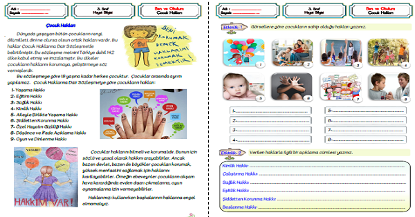 3. Sınıf Hayat Bilgisi Çocuk Hakları Etkinliği