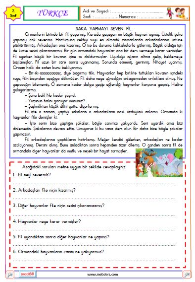 2. Sınıf Türkçe Okuma ve Anlama Metni Etkinliği ( Şaka Yapmayı Seven Fil )
