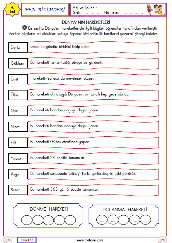 4. Sınıf Fen Bilimleri Dünya'nın Hareketleri Etkinliği 2