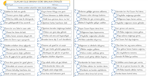 2.Sınıf - Türkçe Olayları Oluş Sırasına Göre Sıralama Etkinliği