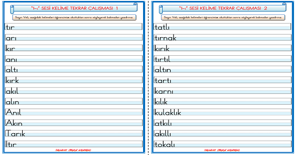 1. Sınıf İlk Okuma Yazma I-ı Sesi Kelime Tekrar Çalışması