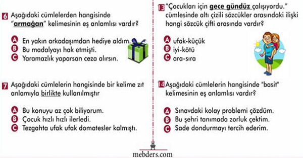 2.Sınıf Türkçe Eş Anlamlı ve Zıt Anlamlı Kelimeler Kazanım Testi