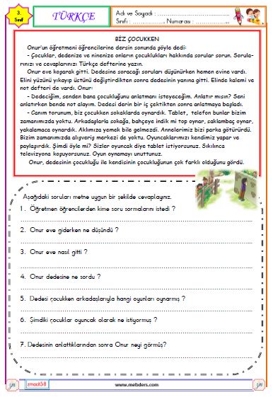 3. Sınıf Türkçe Okuma ve Anlama  Etkinliği ( Biz Çocukken )