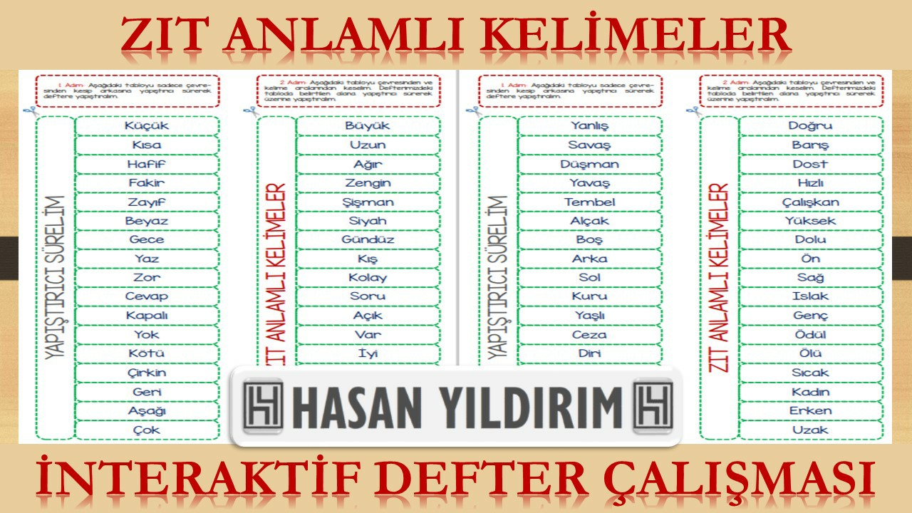 Zıt Anlamlı Kelimeler İnteraktif Defter Çalışması (4 Sayfa + Boş Şablon)