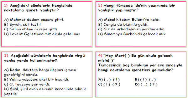 4.Sınıf Türkçe Noktalama İşaretleri ve Yazım Yanlışları Test-6