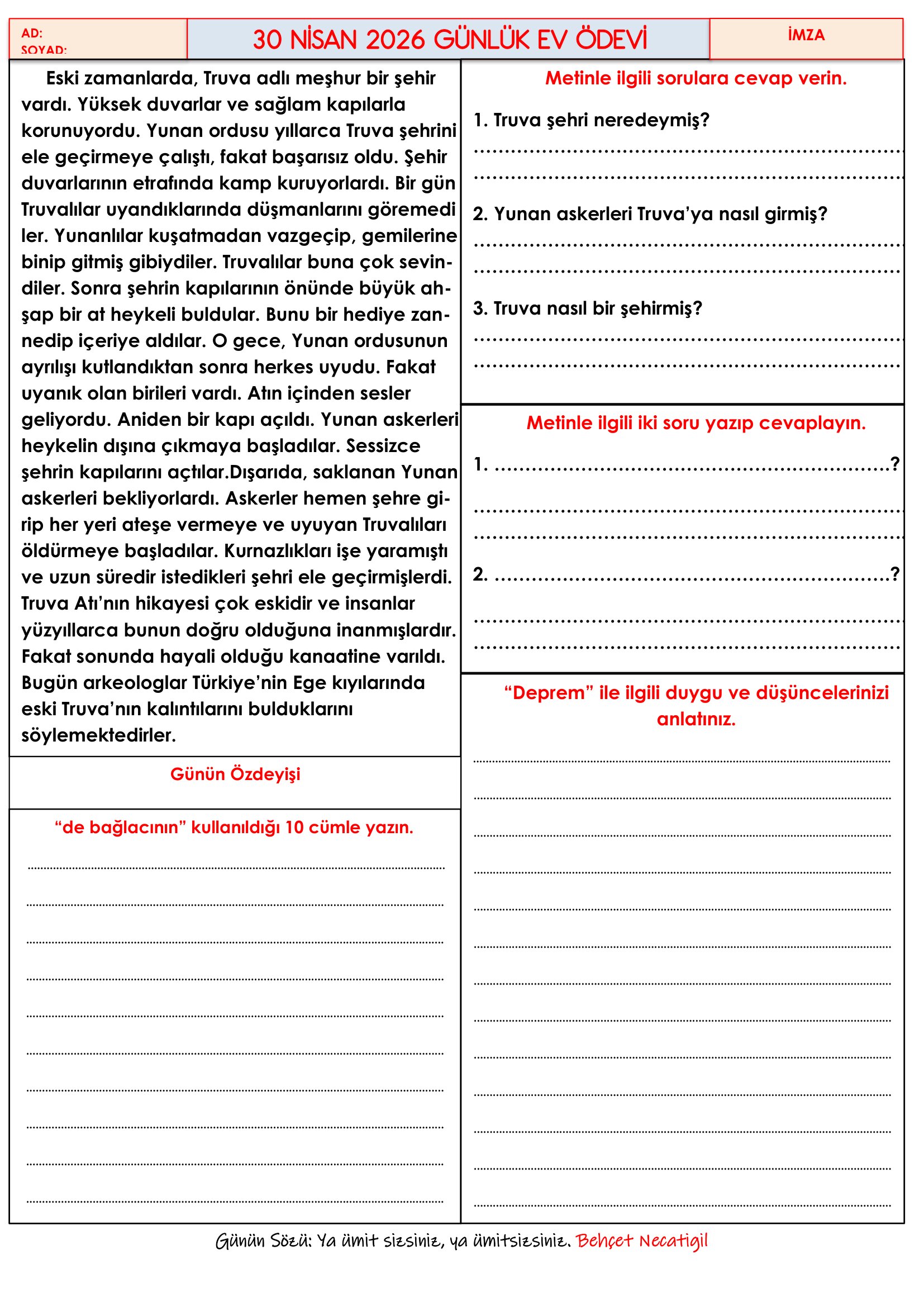 4.Sınıf - 30 Nisan 2026 Günlük Ev Ödevleri