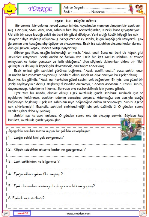 3. Sınıf Türkçe Okuma ve Anlama Metni Etkinliği (Eşek ile Küçük Köpek)