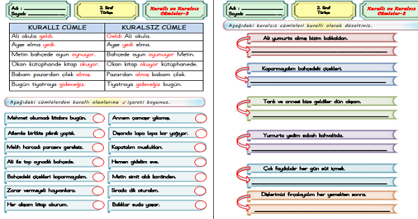 2.Sınıf Türkçe Kurallı ve Kuralsız Cümleler Etkinliği-2