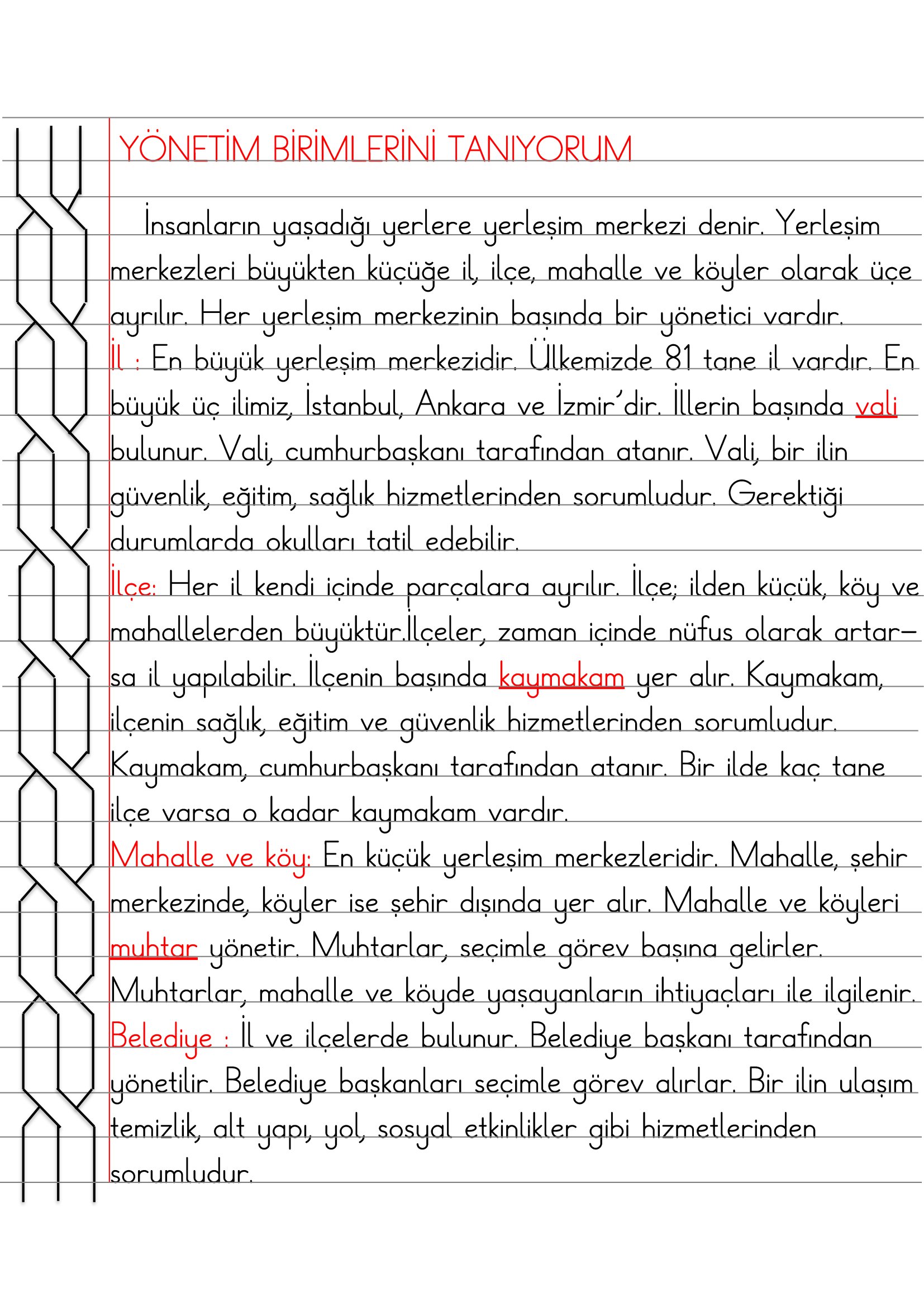 2.Sınıf - Hayat Bilgisi Yönetim Birimlerini Tanıyorum Defter Özeti