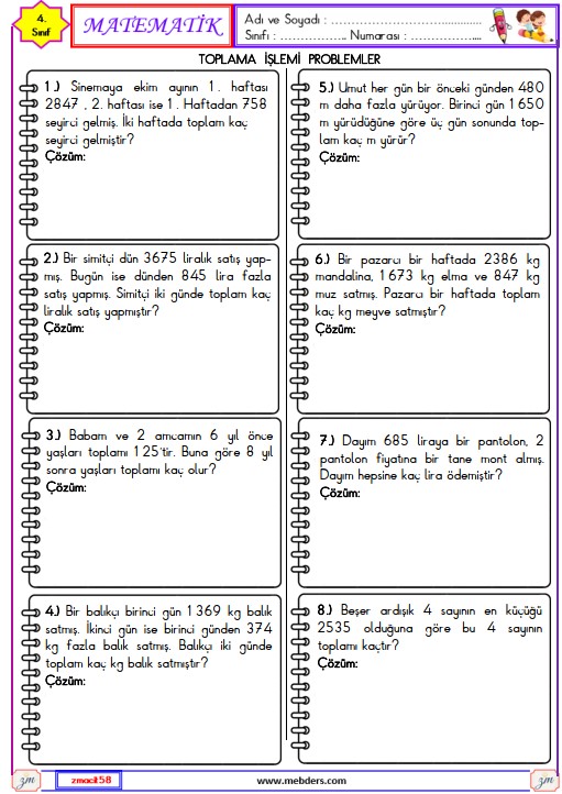 4. Sınıf Matematik Toplama İşlemi Problemleri Etkinliği 2