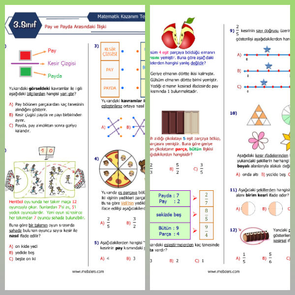 3. Sınıf Matematik Pay ve Payda Arasındaki İlişki Kazanım Testi