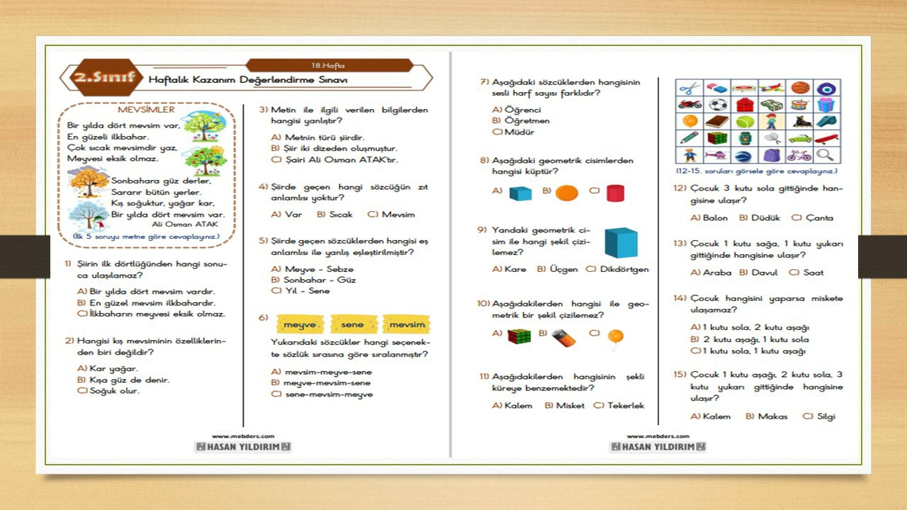 2.Sınıf Haftalık Değerlendirme Testi-18.Hafta(15-19 Şubat)