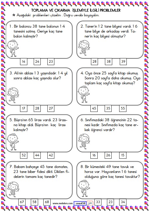 1. Sınıf Matematik Toplama ve Çıkarma İşlemi Problemleri Etkinliği 7