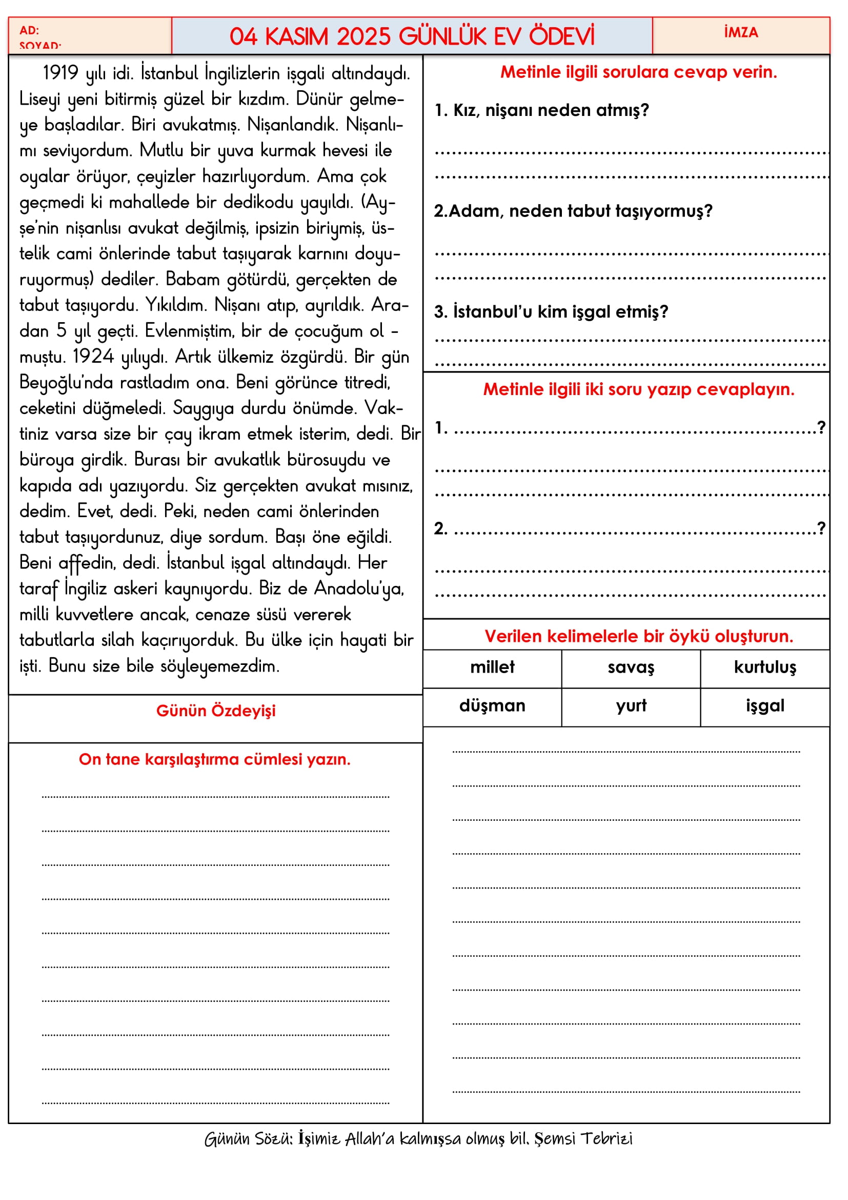 4.Sınıf - 04 Kasım 2025 Günlük Ev Ödevleri