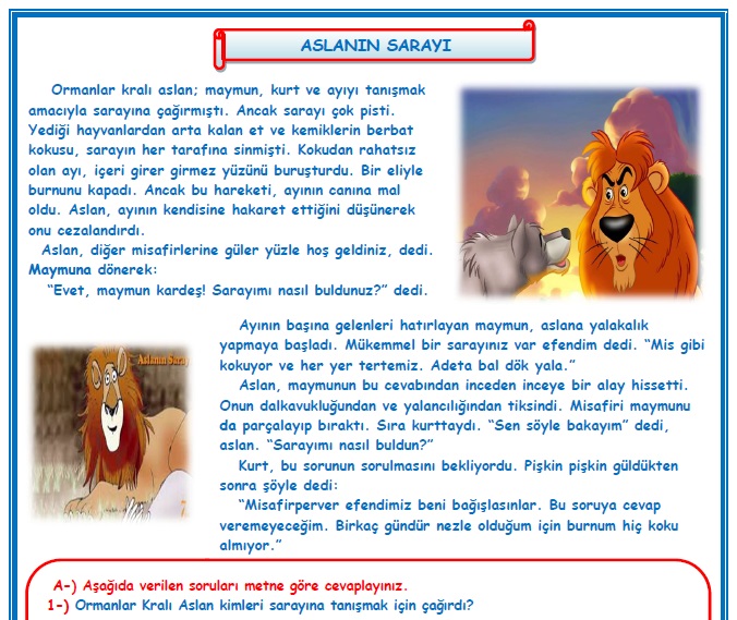 2.Sınıf Türkçe Aslanın Sarayı Okuma Anlama Metin Çalışması