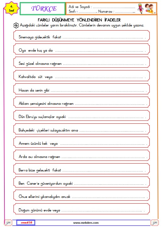 4. Sınıf Türkçe Farklı Düşünmeye Yönlendiren İfadeler Etkinliği 2