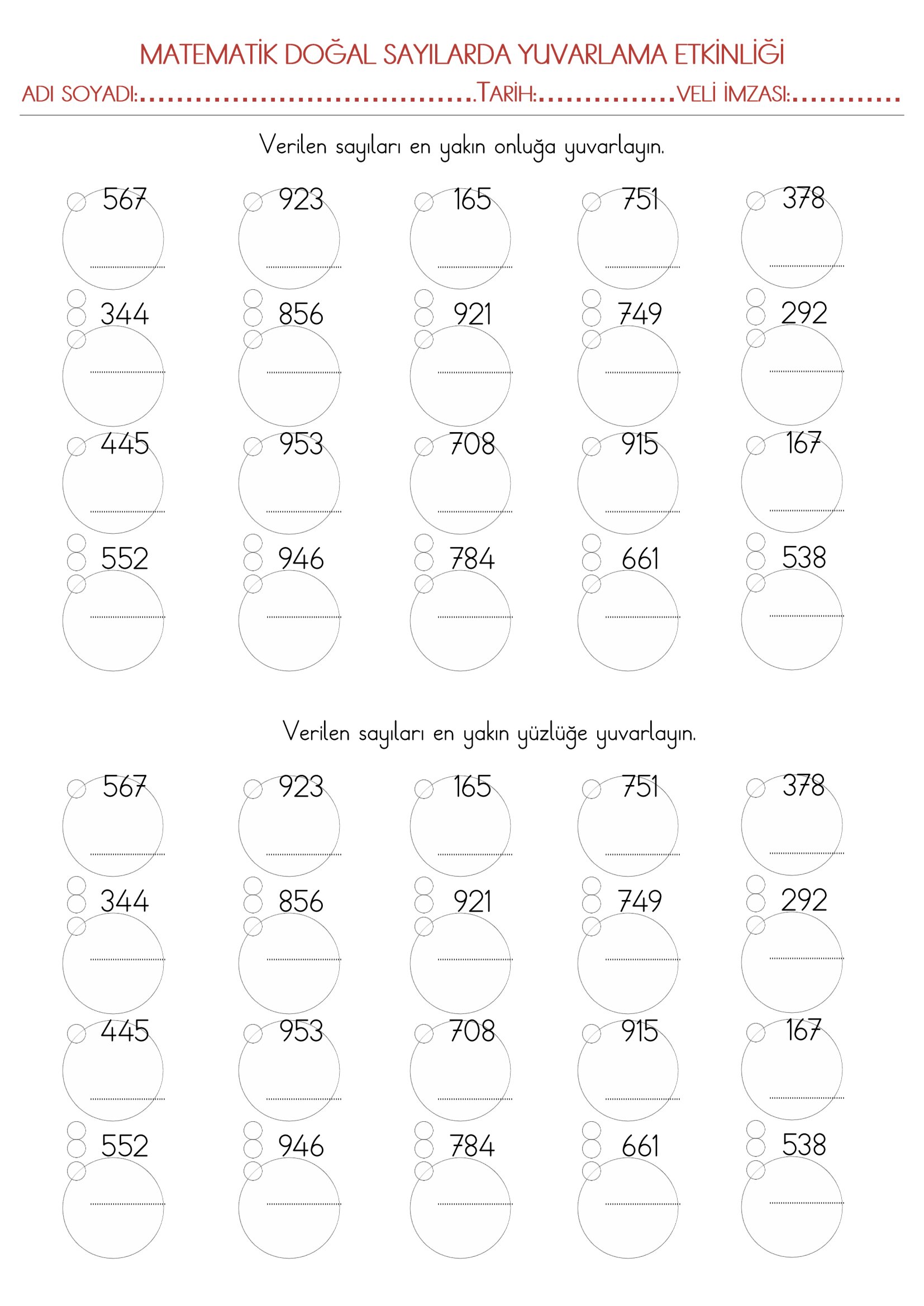 3.Sınıf Matematik Üç Basamaklı Doğal Sayılarda Yuvarlama Etkinliği-1