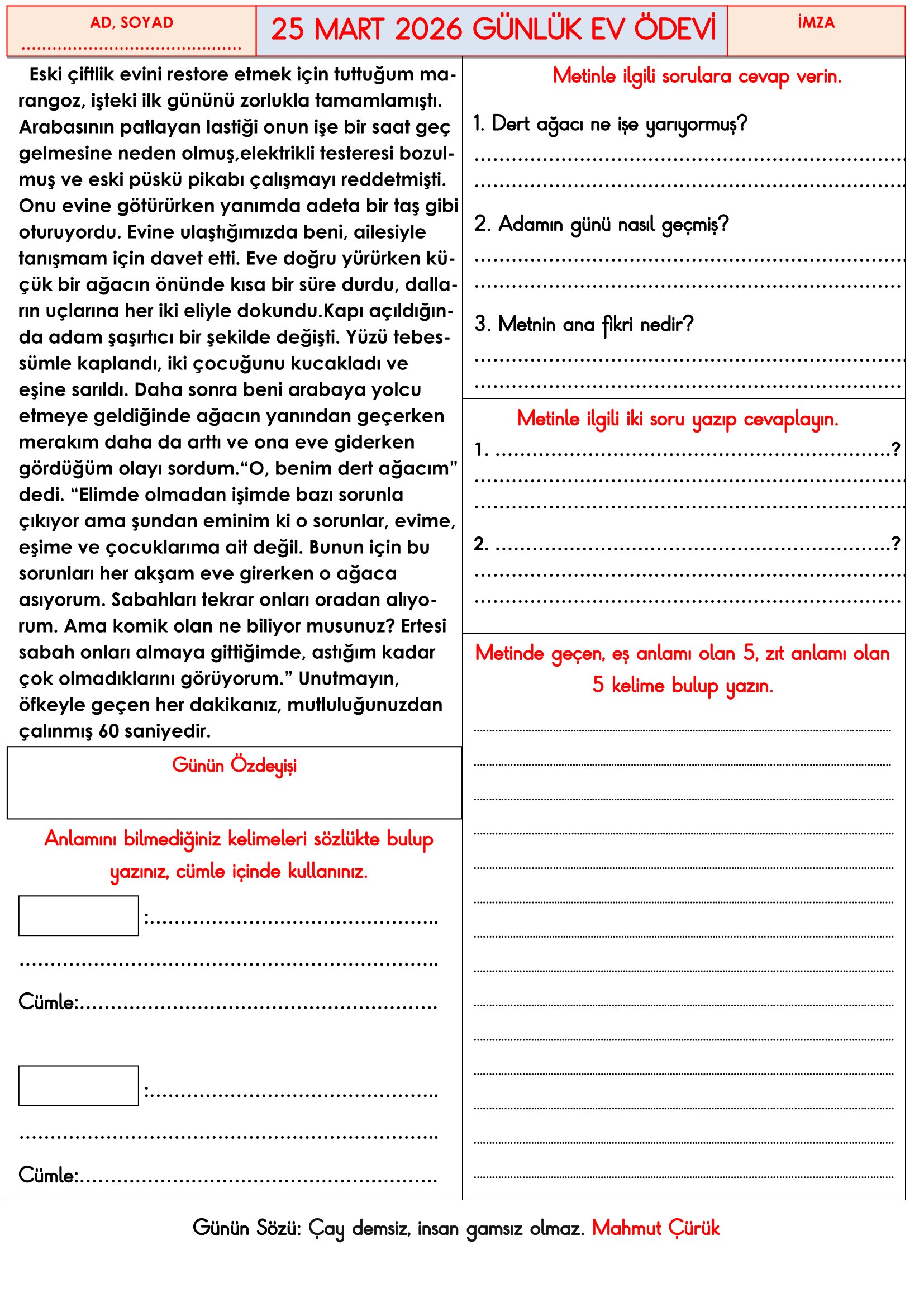 3.Sınıf - 25 Mart 2026 Günlük Ev Ödevleri