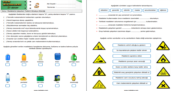3.Sınıf Fen Bilimleri Maddelerle Çalışırken Tedbirli Olmalıyız Etkinliği