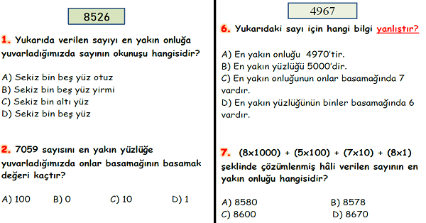 4.Sınıf Matematik Doğal Sayılarda Yuvarlama Yaprak Test