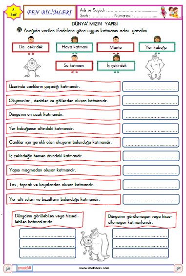 3. Sınıf Fen Bilimleri Dünya'mızın Yapısı Etkinliği 3