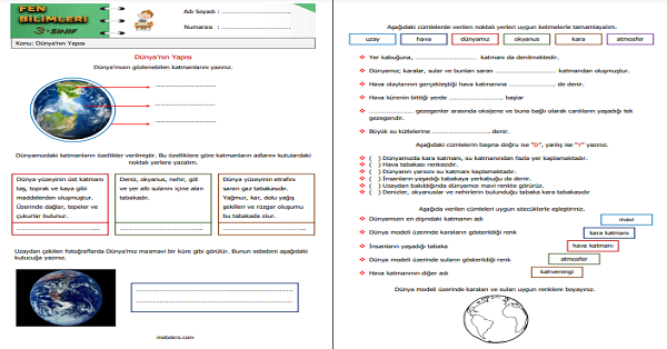 3.Sınıf Fen Bilimler Dünya'nın Yapısı Etkinliği
