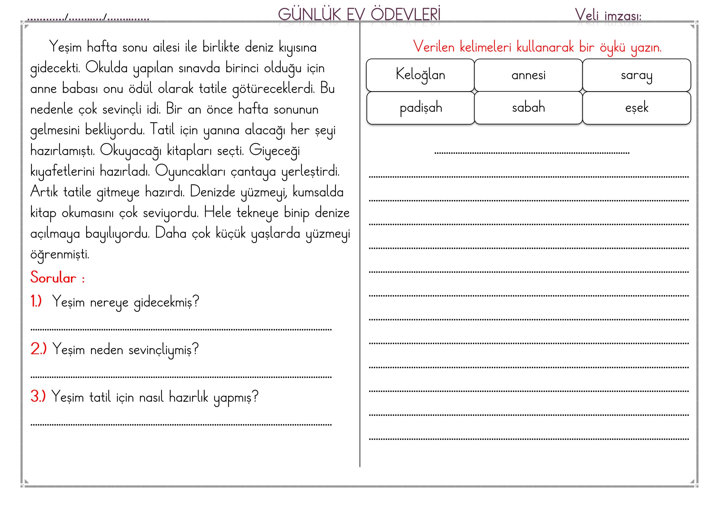 1.Sınıf - 09 Mart 2026 Günlük Ev Ödevleri