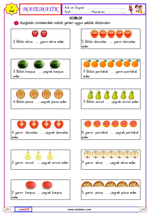 2. Sınıf Matematik Bütün , Yarım ve Çeyrek Etkinliği 3