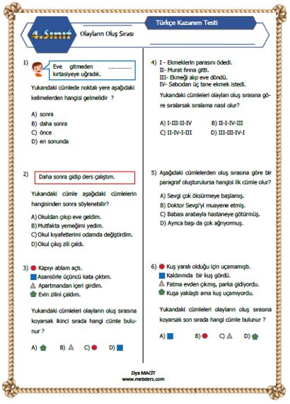 4. Sınıf Türkçe Olayların Oluş Sırası Kazanım Testi ETKİLEŞİMLİ