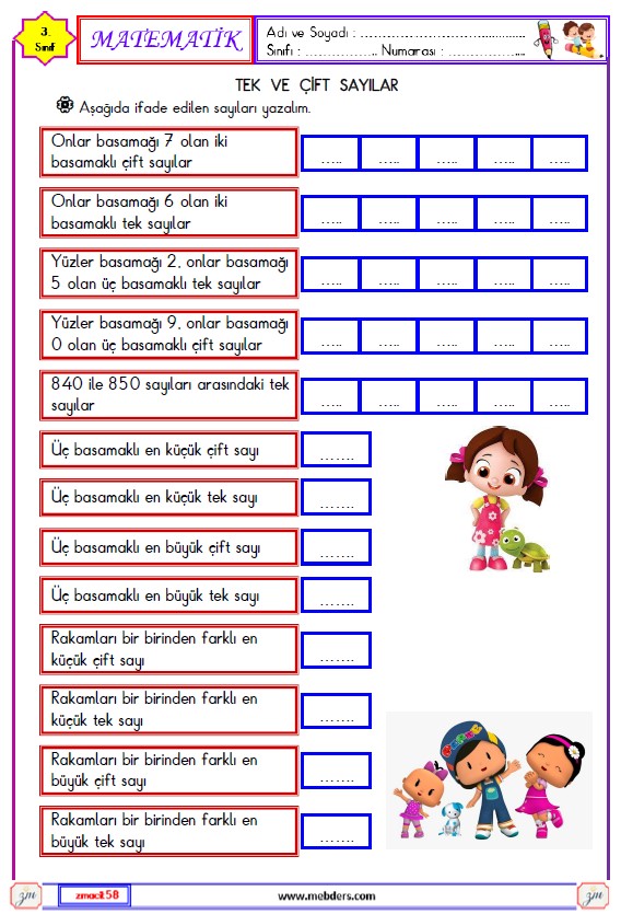 3. Sınıf Matematik Tek ve Çift Sayılar  Etkinliği 3