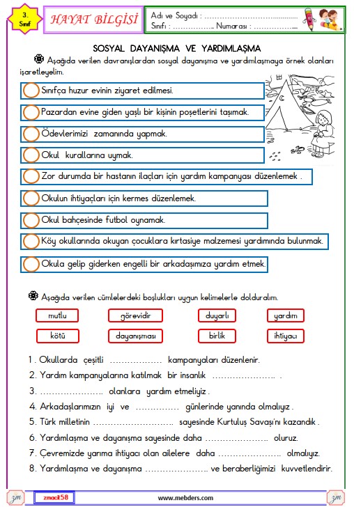 3. Sınıf Hayat Bilgisi Sosyal Dayanışma ve Yardımlaşma Etkinliği