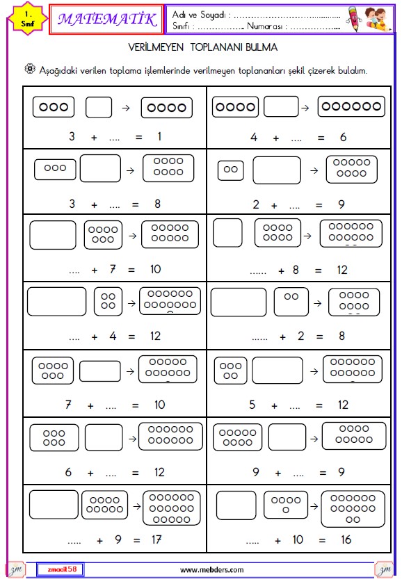 1. Sınıf Matematik Verilmeyen Toplananı Bulma Etkinliği Etkinliği 2