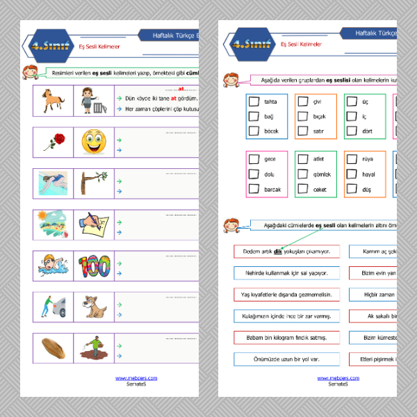 4. Sınıf Türkçe - Eş Sesli Kelimeler Etkinlikleri