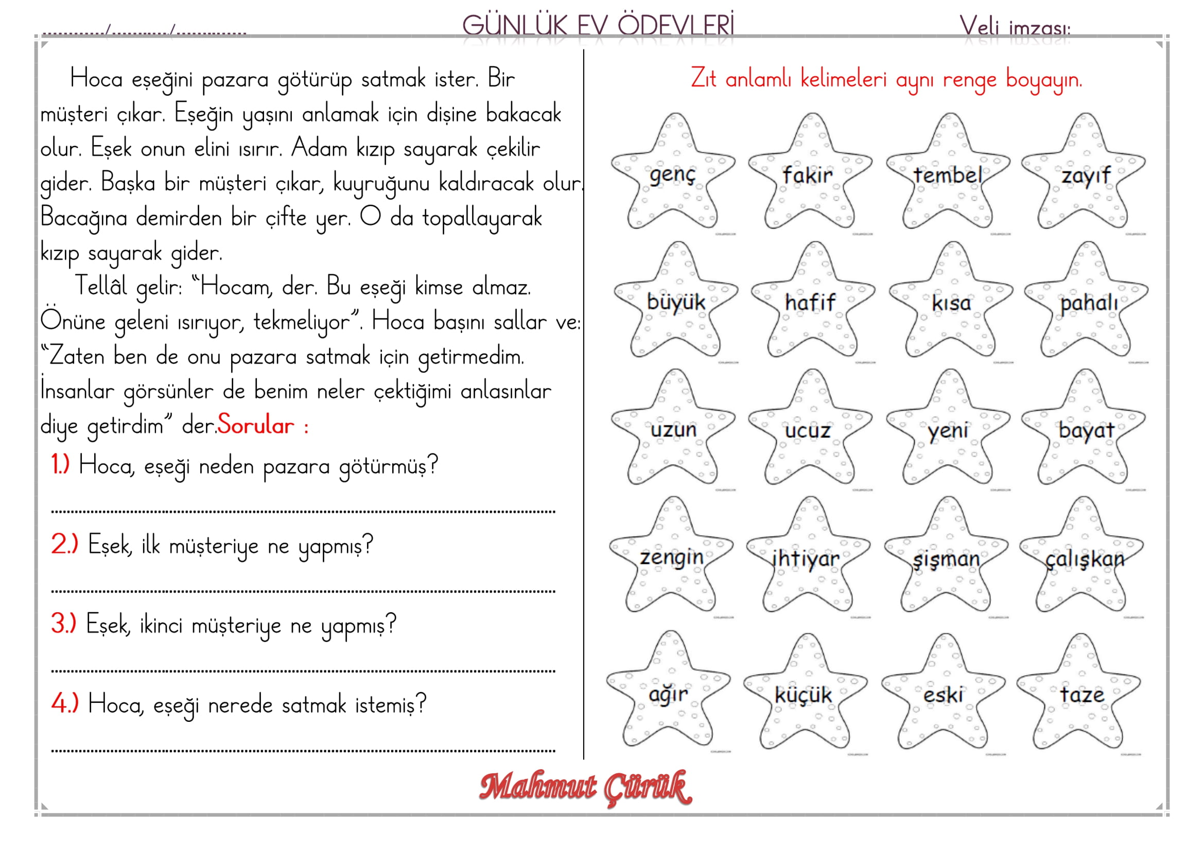 1.Sınıf 21 Mayıs 2025 Günlük Ev Ödevi